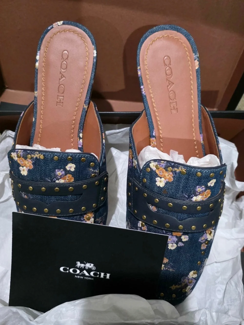 Coach Denim Floral Studded Slip-On Mules in Navy and Tan - Picture 1 of 11